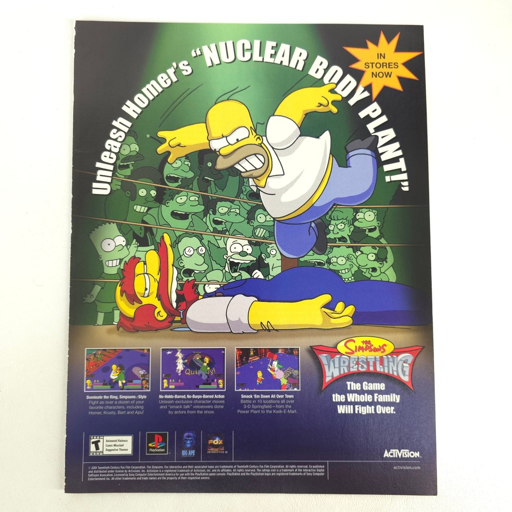 The Simpsons Wrestling Print Ad PS1 2001 Homer Nuclear Pop Culture PlayStation
